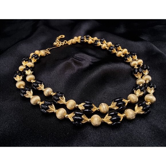 Vintage 1970s Gold & Black Double Strand Beaded Choker Necklace - Picture 4 of 6